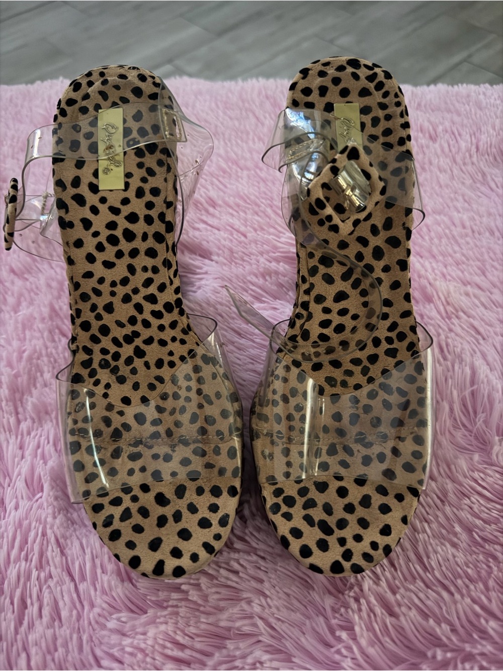 Fashion Nova Clear Strap Leopard Slide Sandals - Tan & Black